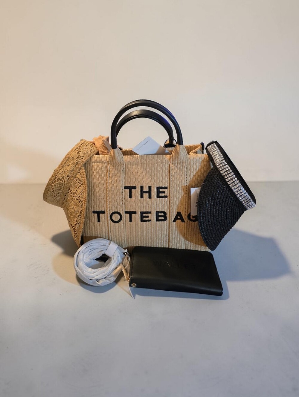 Nwt The Totebag Straw Tote Bag with Black Handles 5 Piece Bundle- Beige